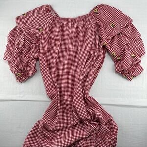 Whimsigoth Cottage Red Check Dress Ruched Sleeve Countryside Boho Festival‎